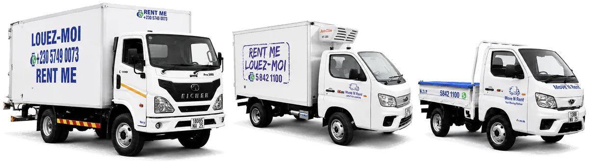 La flotte MoveNRent : deux camions fourgons et un camion plateau, portant « Rent me / Louez-moi » et le numéro WhatsApp.